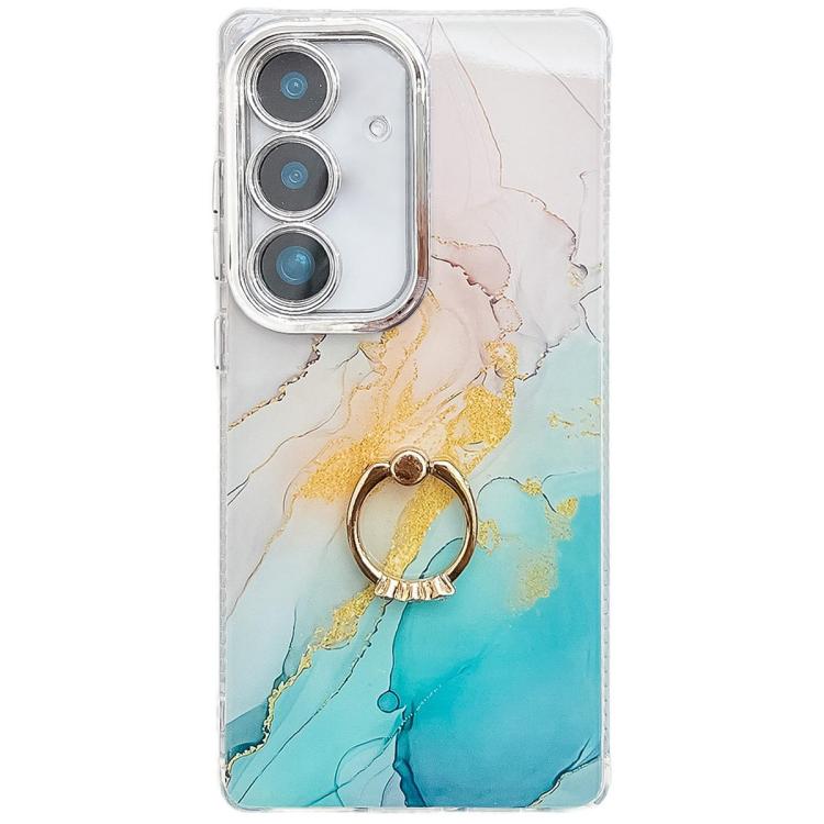 For Samsung Galaxy S25+ 5G Electroplated Marble Texture Ring Holder Phone Case(Yellow Green S13)