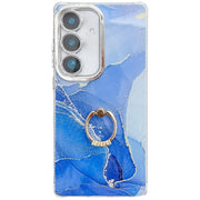 For Samsung Galaxy S25+ 5G Electroplated Marble Texture Ring Holder Phone Case(Dark Blue S16)