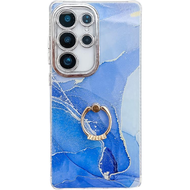 For Samsung Galaxy S25 Ultra 5G Electroplated Marble Texture Ring Holder Phone Case(Dark Blue S16)
