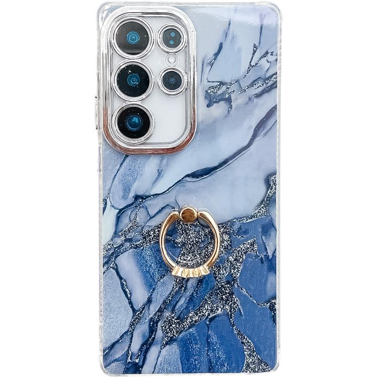 For Samsung Galaxy S25 Ultra 5G Electroplated Marble Texture Ring Holder Phone Case(Navy Blue S17)