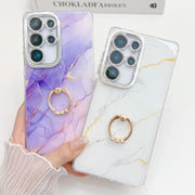 For Samsung Galaxy S25+ 5G Electroplated Marble Texture Ring Holder Phone Case(Yellow Green S13)