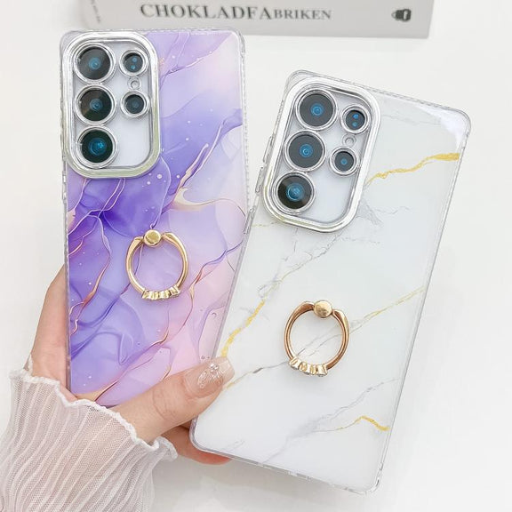 For Samsung Galaxy S25+ 5G Electroplated Marble Texture Ring Holder Phone Case(Yellow Green S13)