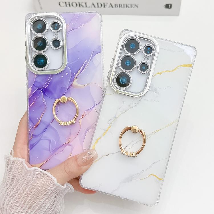For Samsung Galaxy S25+ 5G Electroplated Marble Texture Ring Holder Phone Case(Yellow Green S13)