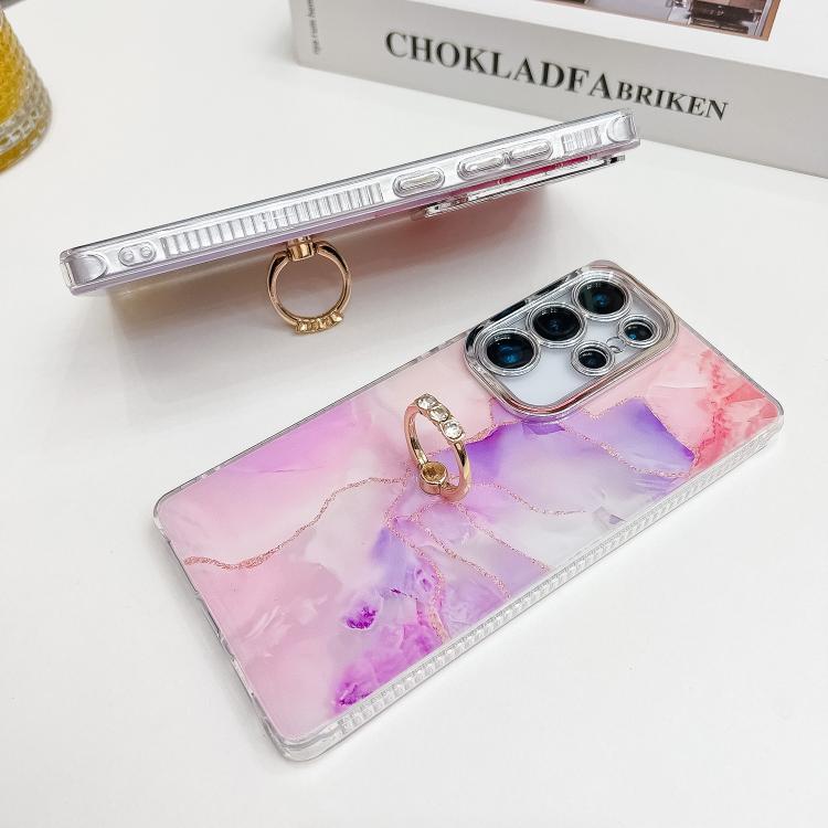For Samsung Galaxy S25 Ultra 5G Electroplated Marble Texture Ring Holder Phone Case(Red S7)