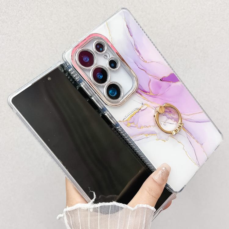 For Samsung Galaxy S25+ 5G Electroplated Marble Texture Ring Holder Phone Case(Red S7)