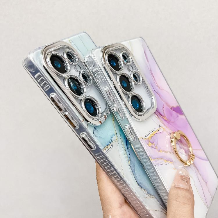 For Samsung Galaxy S25 Ultra 5G Electroplated Marble Texture Ring Holder Phone Case(Light Purple S6)
