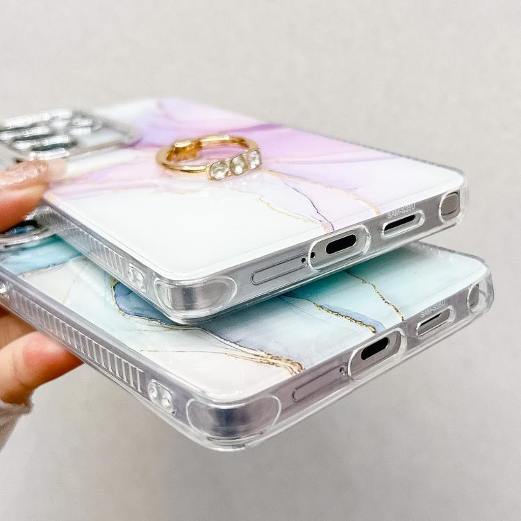 For Samsung Galaxy S25+ 5G Electroplated Marble Texture Ring Holder Phone Case(Blue S11)