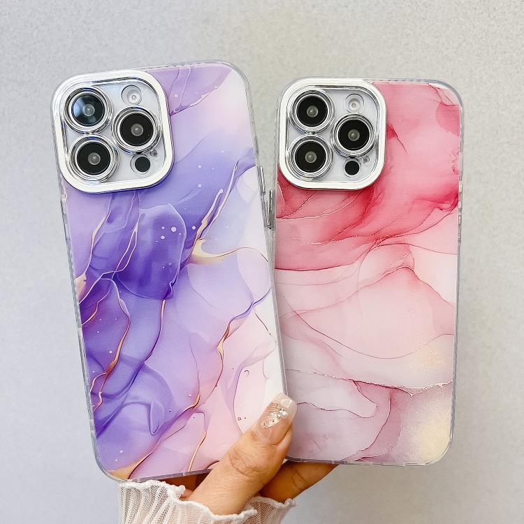 For iPhone 16e Electroplated Marble Texture Phone Case(Pink Purple M4)