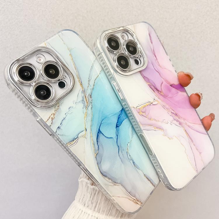 For iPhone 16e Electroplated Marble Texture Phone Case(Pink Purple M4)