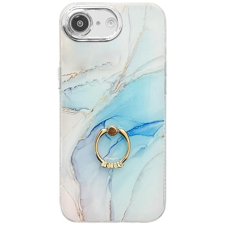 For iPhone 16e Electroplated Marble Texture Ring Holder Phone Case(Light Blue S5)
