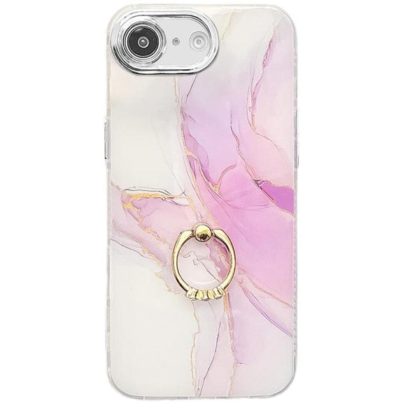 For iPhone 16e Electroplated Marble Texture Ring Holder Phone Case(Light Purple S6)