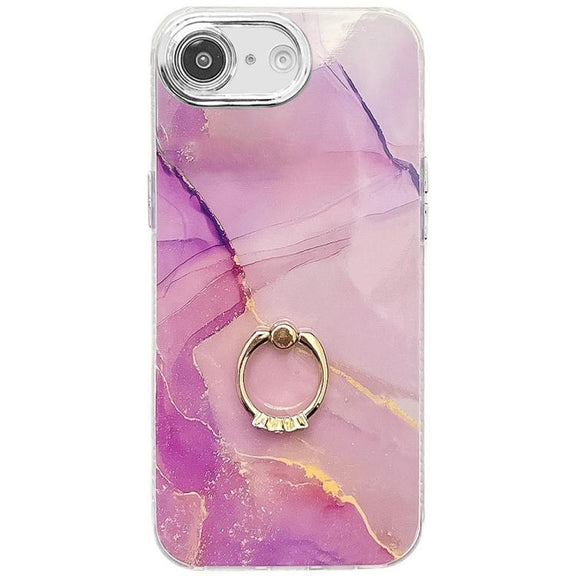 For iPhone 16e Electroplated Marble Texture Ring Holder Phone Case(Gold Purple Red S15)