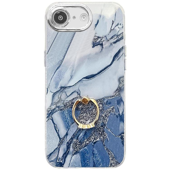 For iPhone 16e Electroplated Marble Texture Ring Holder Phone Case(Navy Blue S17)