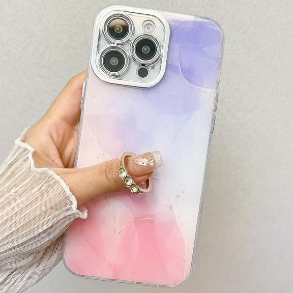 For iPhone 16e Electroplated Marble Texture Ring Holder Phone Case(White S8)