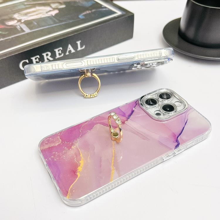 For iPhone 16e Electroplated Marble Texture Ring Holder Phone Case(Pink S2)