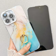 For iPhone 16e Electroplated Marble Texture Ring Holder Phone Case(Dark Blue S16)
