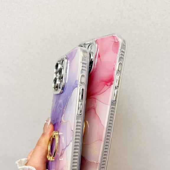 For iPhone 16e Electroplated Marble Texture Ring Holder Phone Case(Yellow Green S13)