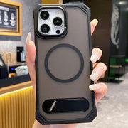 For iPhone 13 Pro Skin Feel Frameless MagSafe PC Phone Case with Fold Holder(Black)