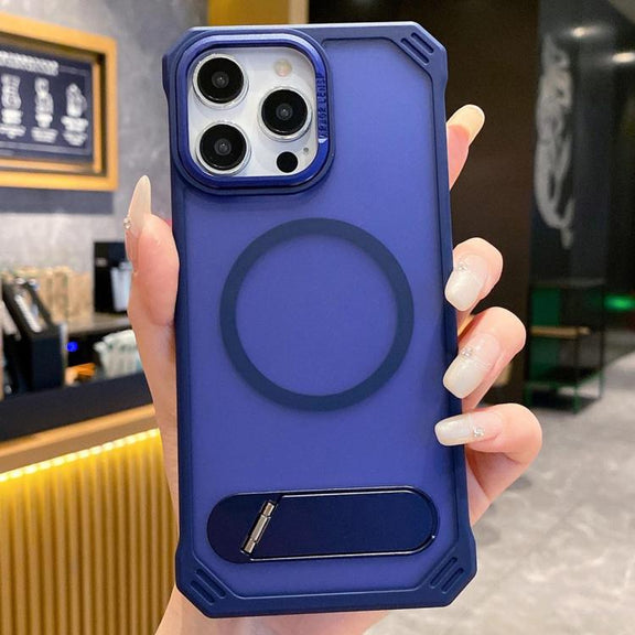 For iPhone 13 Pro Max Skin Feel Frameless MagSafe PC Phone Case with Fold Holder(Blue)