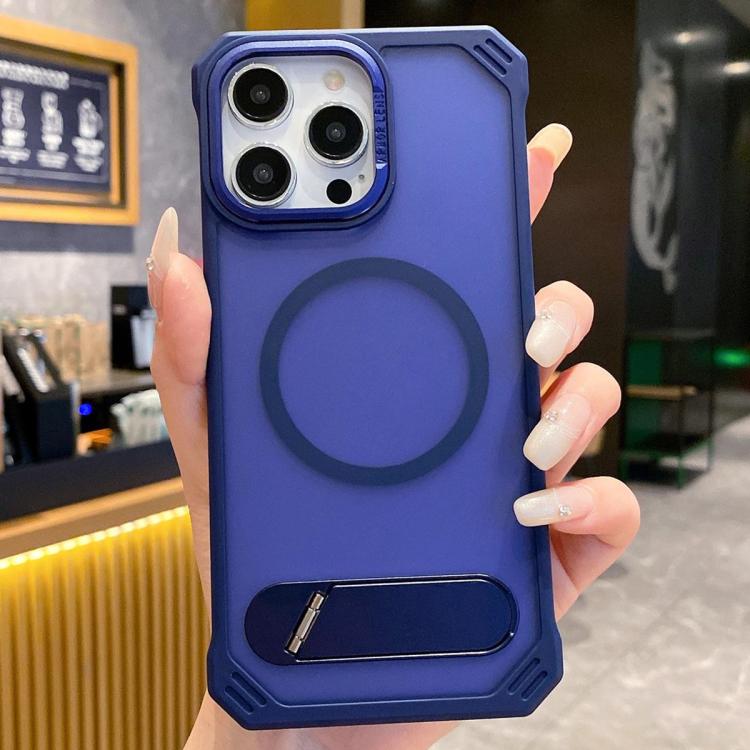 For iPhone 14 Pro Max Skin Feel Frameless MagSafe PC Phone Case with Fold Holder(Blue)