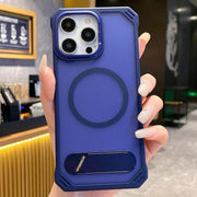 For iPhone 14 Pro Max Skin Feel Frameless MagSafe PC Phone Case with Fold Holder(Blue)