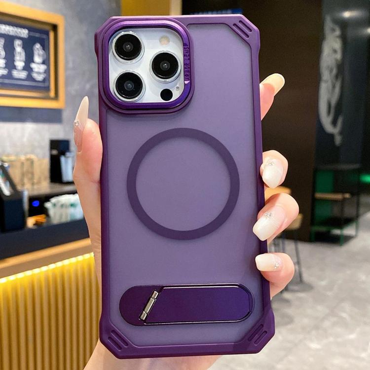 For iPhone 15 Pro Max Skin Feel Frameless MagSafe PC Phone Case with Fold Holder(Purple)