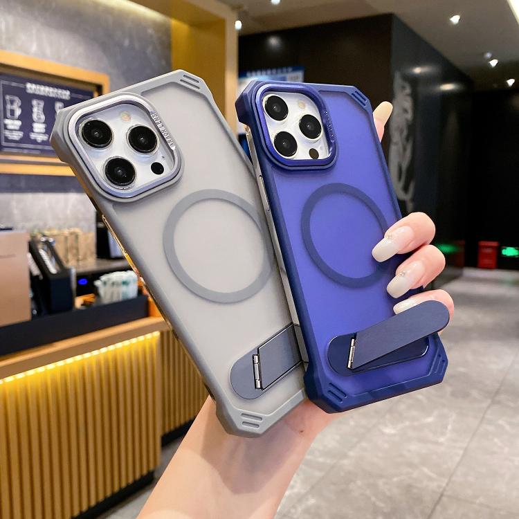 For iPhone 15 Skin Feel Frameless MagSafe PC Phone Case with Fold Holder(Grey)