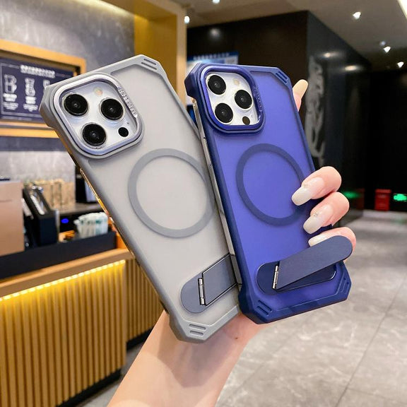 For iPhone 16 Pro Skin Feel Frameless MagSafe PC Phone Case with Fold Holder(Blue)
