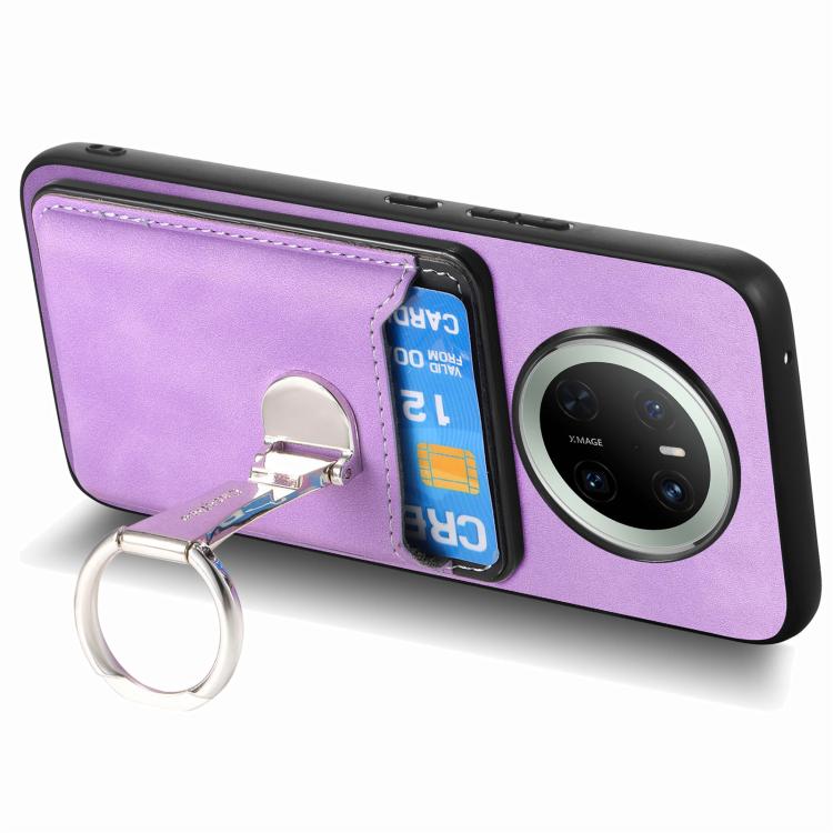 For Huawei Mate 70 Retro Folding Ring Holder Card Bag MagSafe Phone Case(Purple)