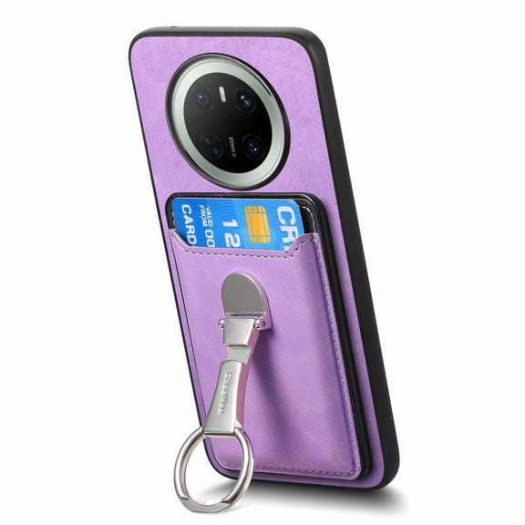 For Huawei Mate 70 Retro Folding Ring Holder Card Bag MagSafe Phone Case(Purple)