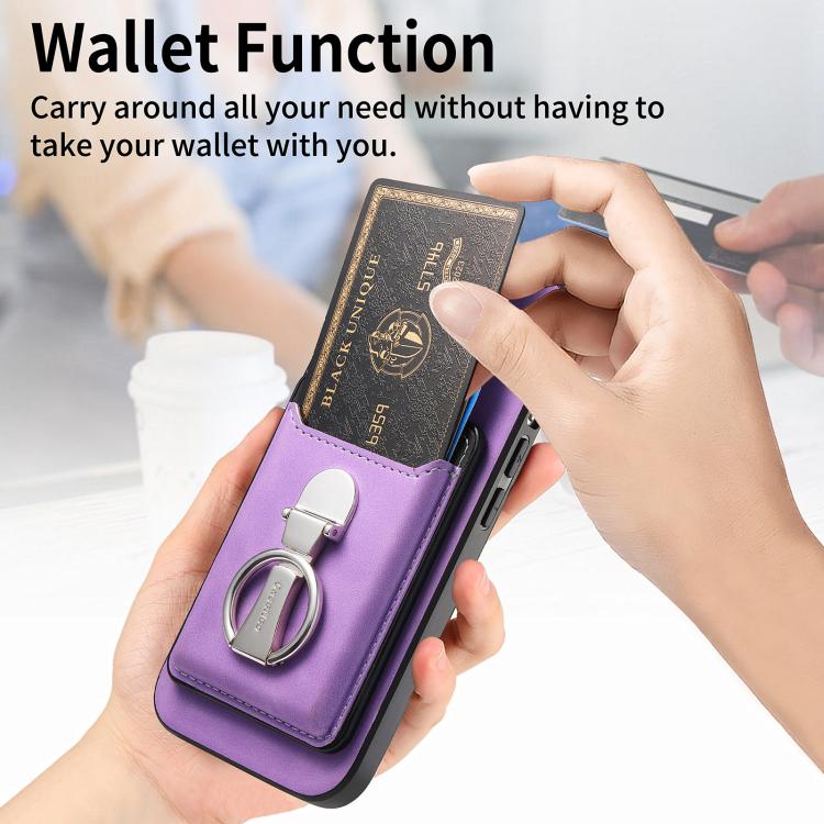 For Huawei Mate 70 Retro Folding Ring Holder Card Bag MagSafe Phone Case(Purple)