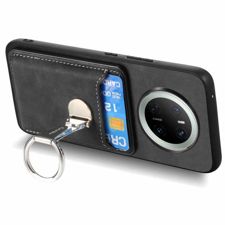 For Huawei Mate 70 Retro Folding Ring Holder Card Bag MagSafe Phone Case(Black)