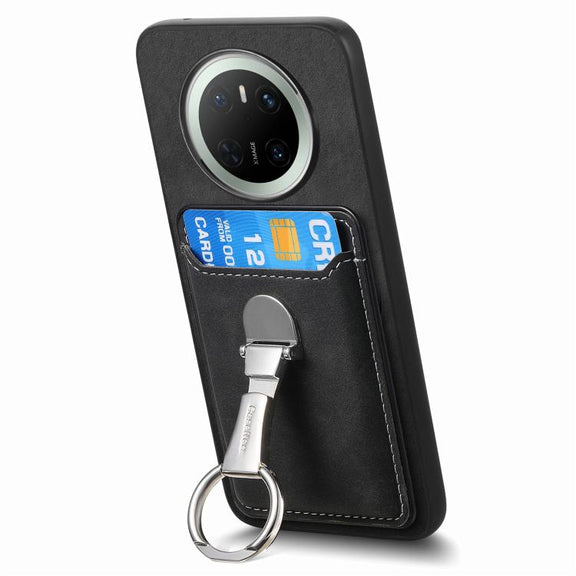 For Huawei Mate 70 Retro Folding Ring Holder Card Bag MagSafe Phone Case(Black)