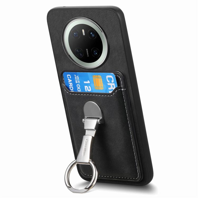 For Huawei Mate 70 Retro Folding Ring Holder Card Bag MagSafe Phone Case(Black)