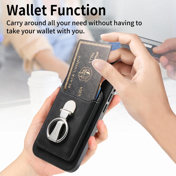 For Huawei Mate 70 Retro Folding Ring Holder Card Bag MagSafe Phone Case(Black)