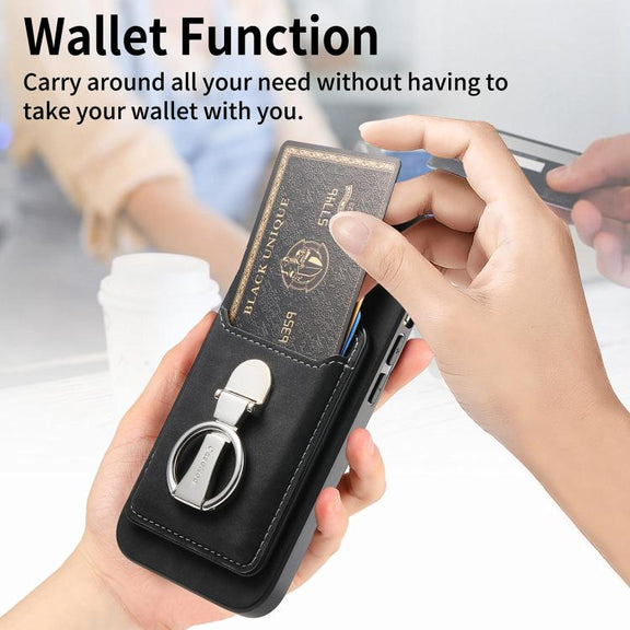 For Huawei Mate 70 Retro Folding Ring Holder Card Bag MagSafe Phone Case(Black)