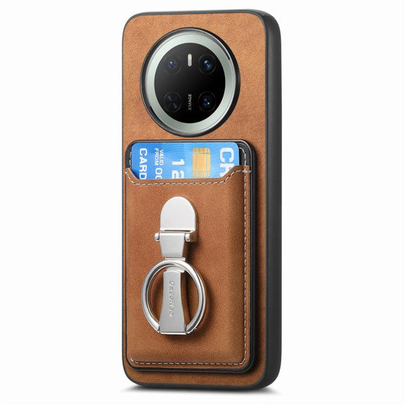 For Huawei Mate 70 Retro Folding Ring Holder Card Bag MagSafe Phone Case(Brown)