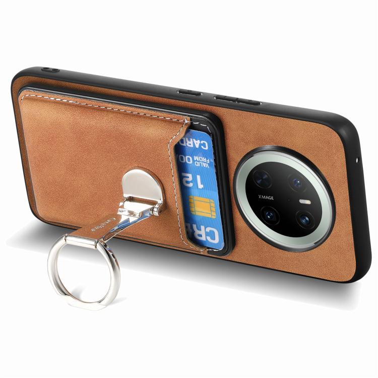 For Huawei Mate 70 Retro Folding Ring Holder Card Bag MagSafe Phone Case(Brown)