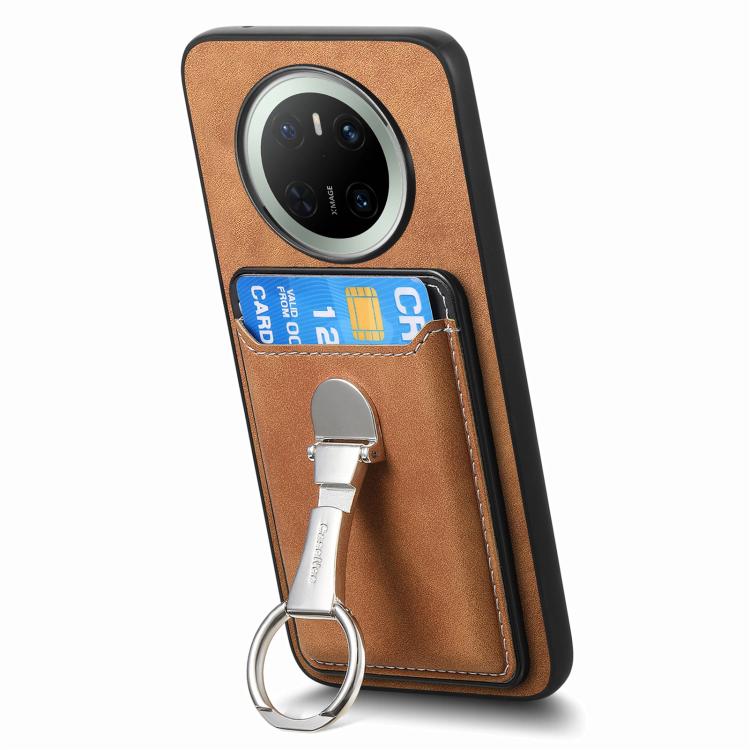 For Huawei Mate 70 Retro Folding Ring Holder Card Bag MagSafe Phone Case(Brown)