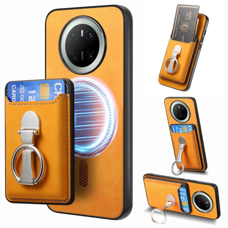 For Huawei Mate 70 Retro Folding Ring Holder Card Bag MagSafe Phone Case(Yellow)