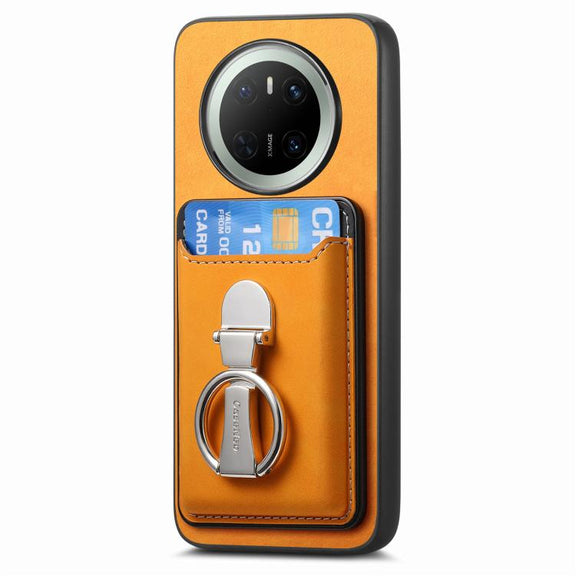 For Huawei Mate 70 Retro Folding Ring Holder Card Bag MagSafe Phone Case(Yellow)
