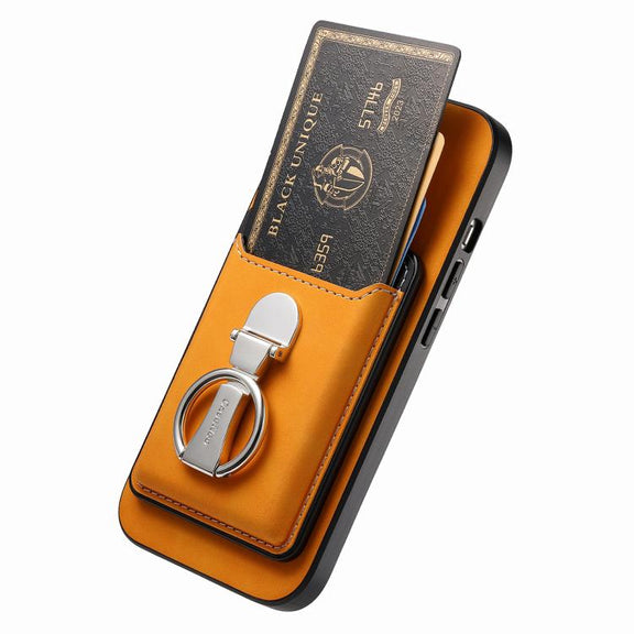 For Huawei Mate 70 Retro Folding Ring Holder Card Bag MagSafe Phone Case(Yellow)