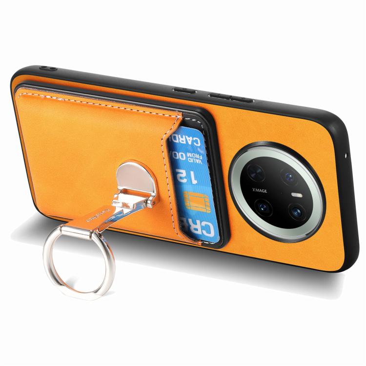 For Huawei Mate 70 Retro Folding Ring Holder Card Bag MagSafe Phone Case(Yellow)