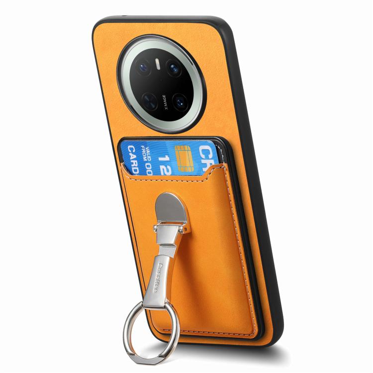 For Huawei Mate 70 Retro Folding Ring Holder Card Bag MagSafe Phone Case(Yellow)