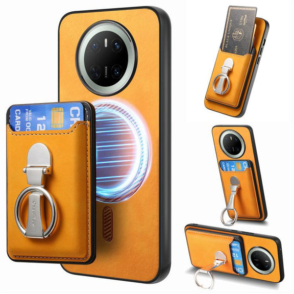 For Huawei Mate 70 Retro Folding Ring Holder Card Bag MagSafe Phone Case(Yellow)
