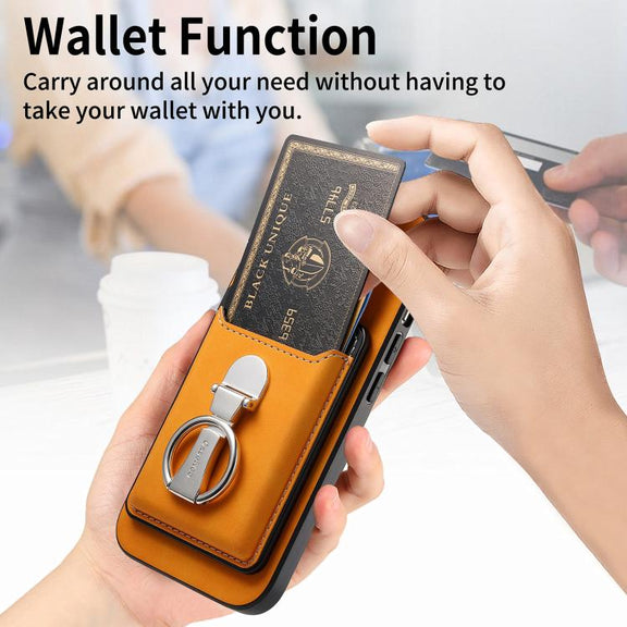For Huawei Mate 70 Retro Folding Ring Holder Card Bag MagSafe Phone Case(Yellow)