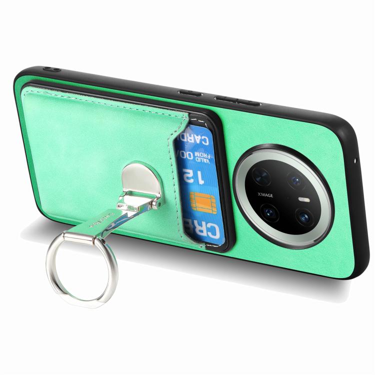 For Huawei Mate 70 Retro Folding Ring Holder Card Bag MagSafe Phone Case(Green)