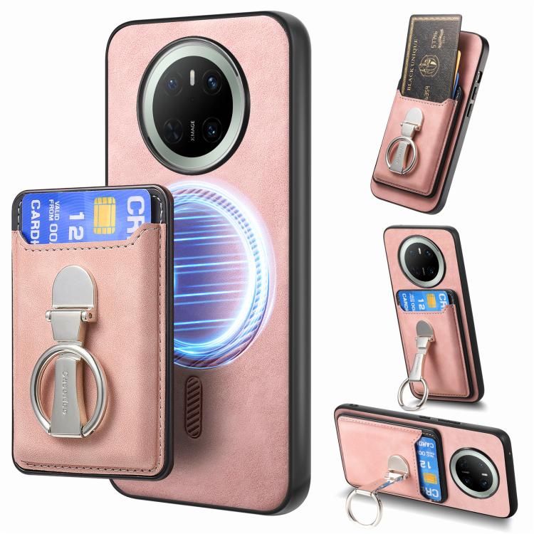 For Huawei Mate 70 Retro Folding Ring Holder Card Bag MagSafe Phone Case(Pink)