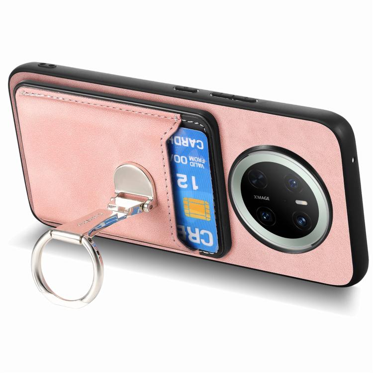 For Huawei Mate 70 Retro Folding Ring Holder Card Bag MagSafe Phone Case(Pink)