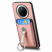 For Huawei Mate 70 Retro Folding Ring Holder Card Bag MagSafe Phone Case(Pink)